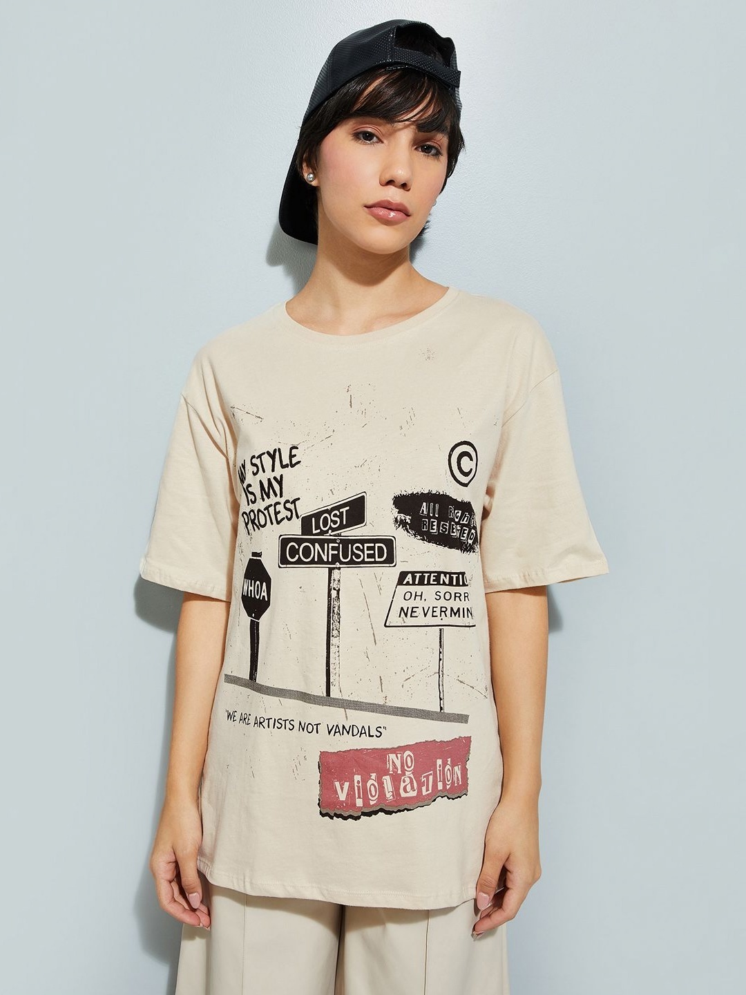 

max URB_N Women Graphic Print Oversized T-shirt, Beige