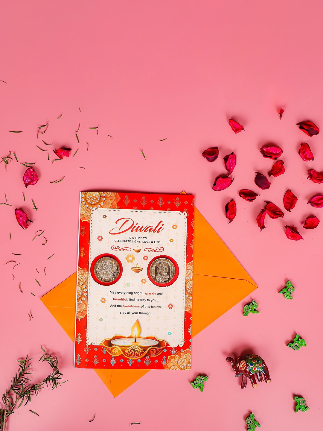 

Archies Self Design Diwali Aarti with Golden Coins Greeting Card, Orange