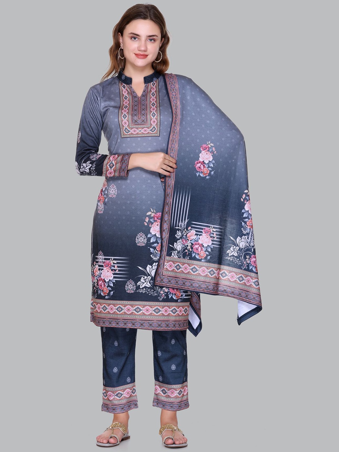 

Melvin Floral Printed Sequinned Straight Kurta With Trouser & Dupatta, Blue