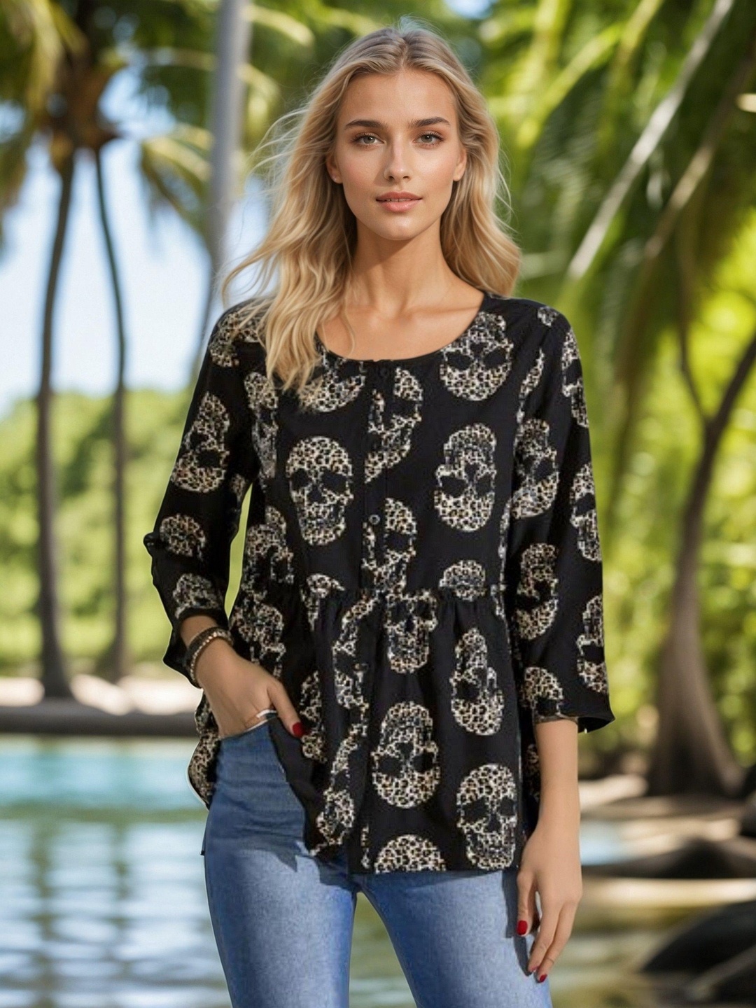 

Kotty Women Printed Round Neck Crepe Top, Black