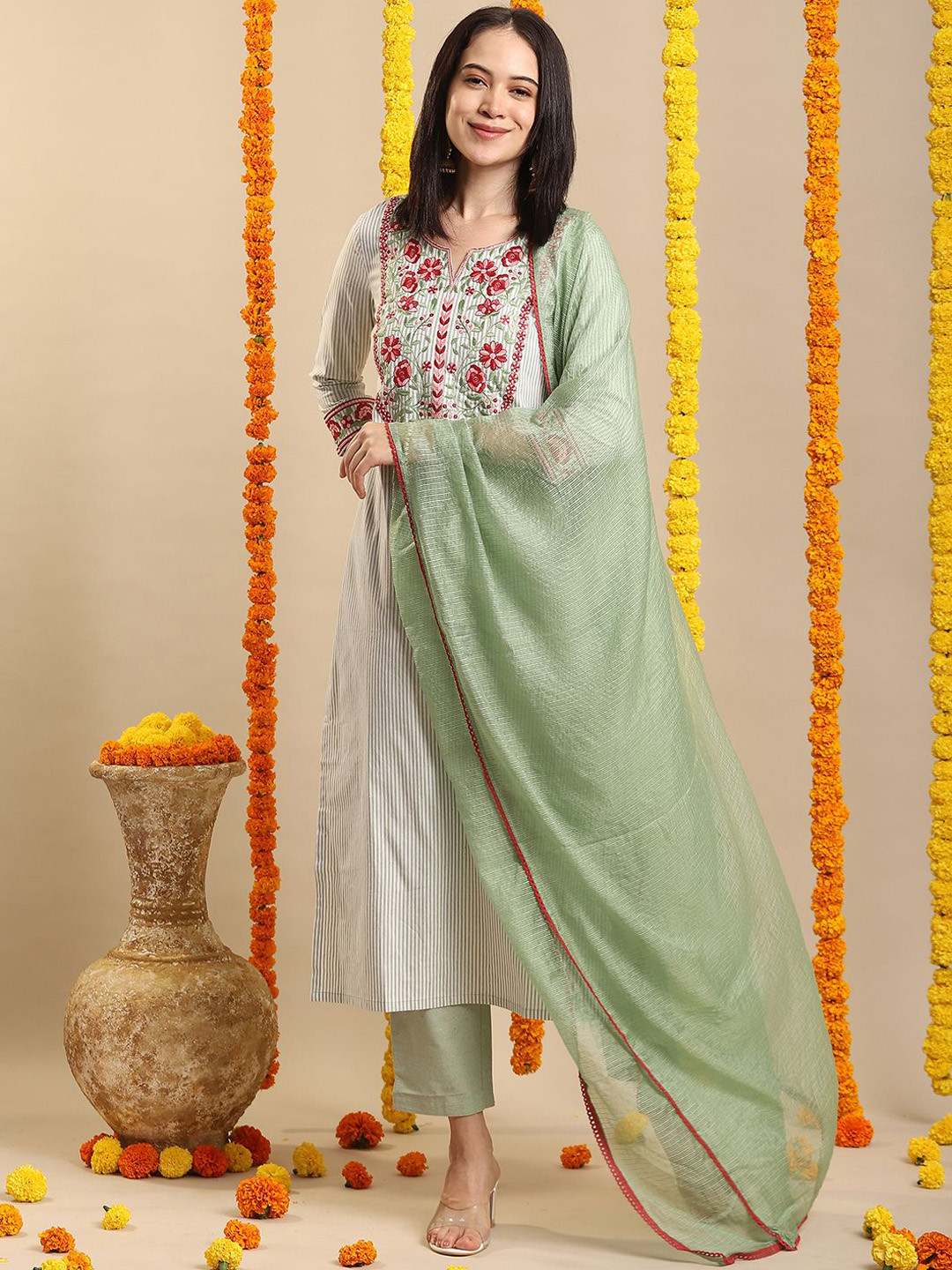 

KALINI Floral Embroidered Kurta With Trousers & Dupatta, Green