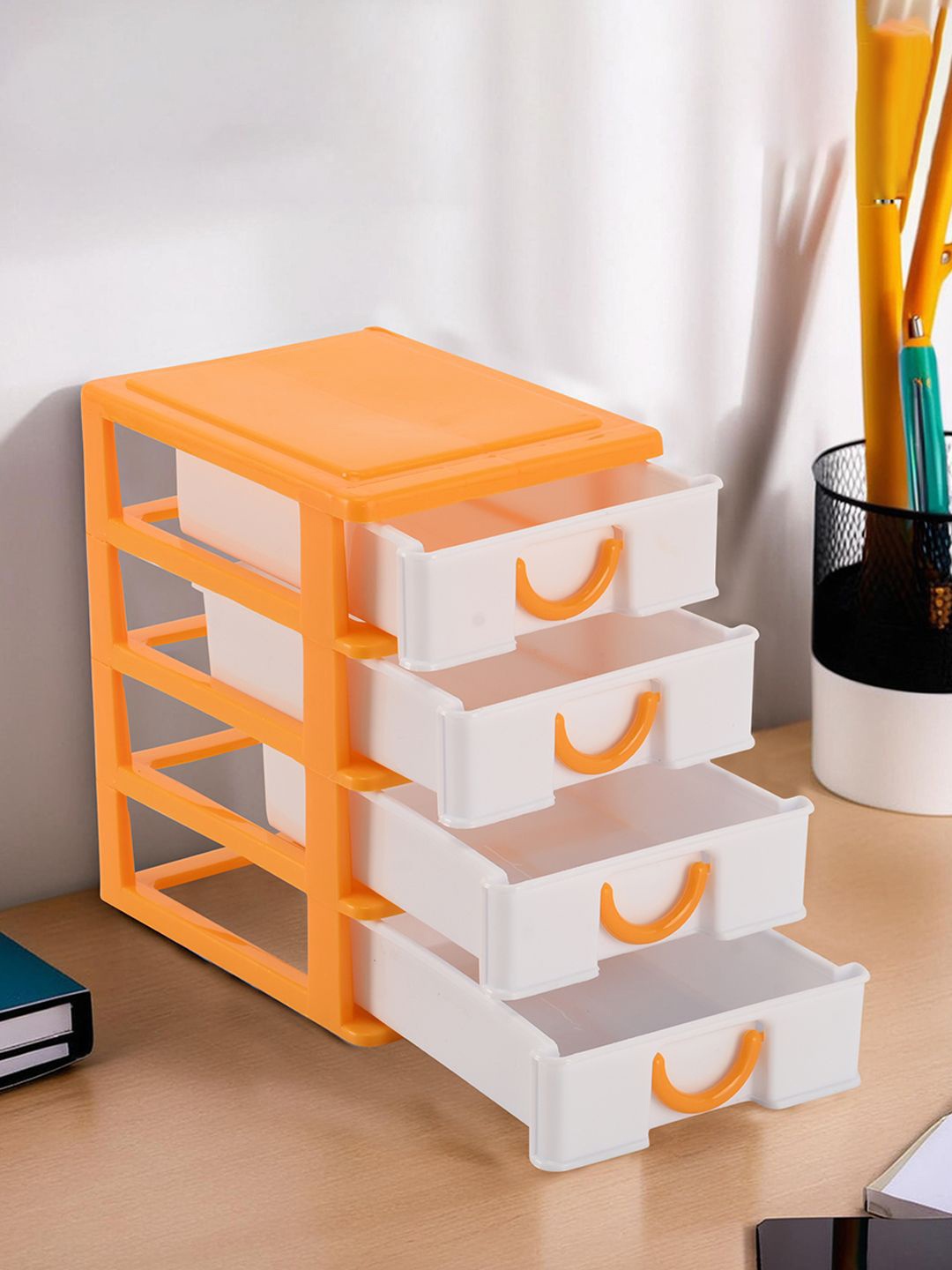 

Kuber Industries White & Yellow Reusable 4-Tier Drawer Stationary Organiser