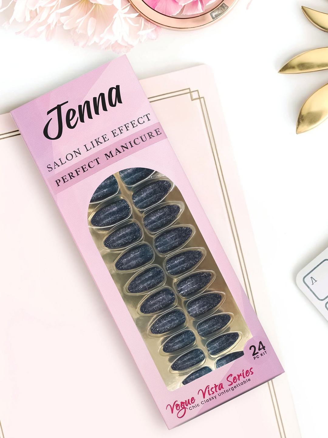 

JENNA 24 Pcs French Tip Almond Shape Press-On Acrylic Artificial Nails - Dark Blue