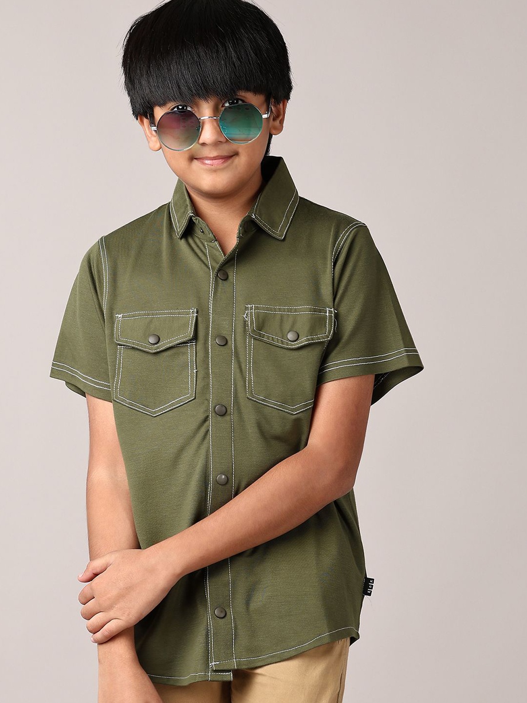 

V-Mart Boys Spread Collar Solid Cotton Casual Shirt, Olive