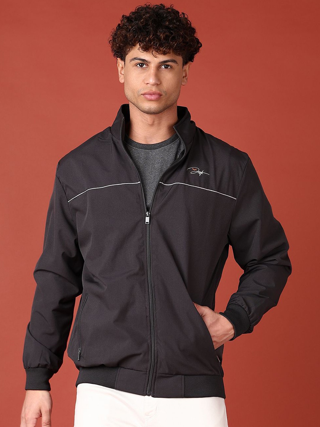

V-Mart Men Mock Collar Solid Cotton Casual Bomber Jacket, Charcoal