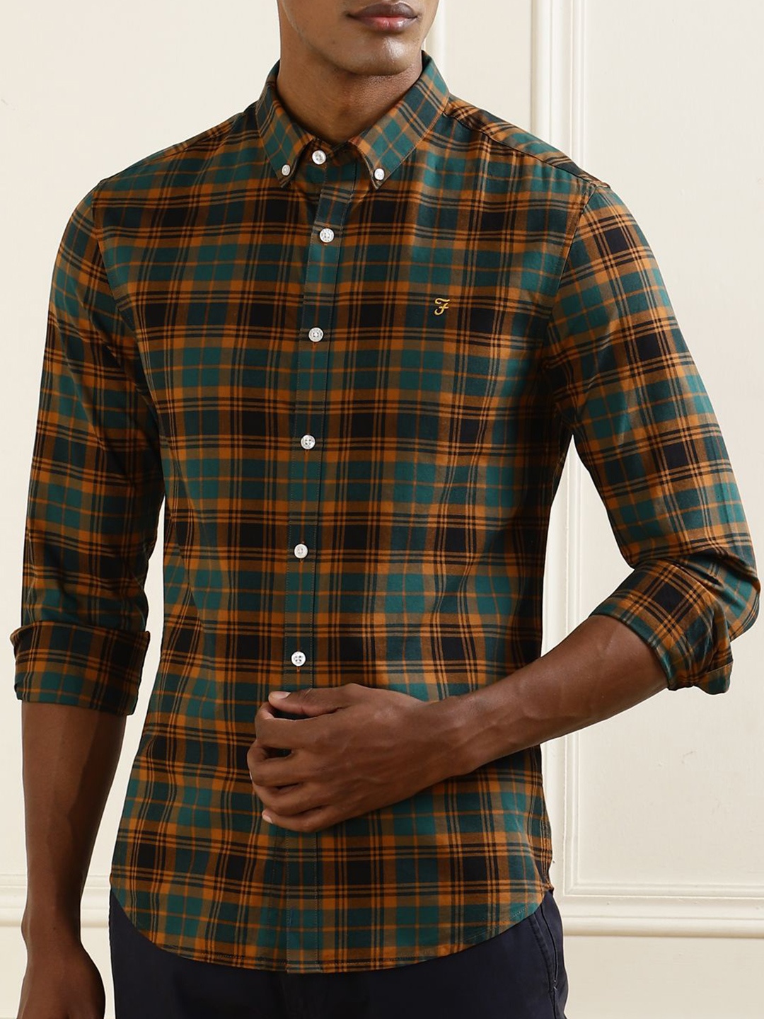 

Farah Men Button-Down Collar Checked Cotton Slim Fit Casual Shirt, Orange
