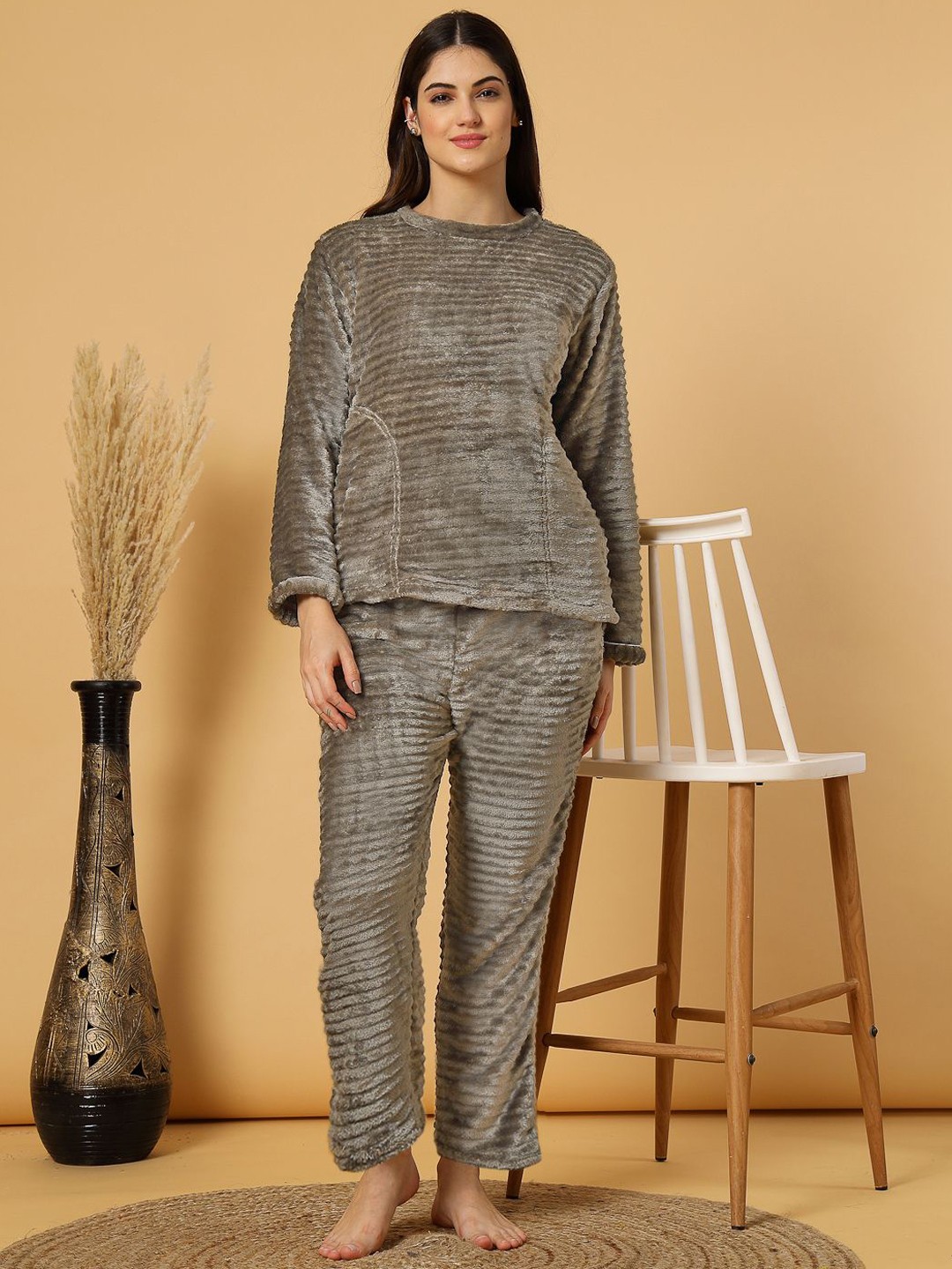 

FABINALIV Striped Round Neck Winter Night Suit with 2 Side Pockets, Taupe