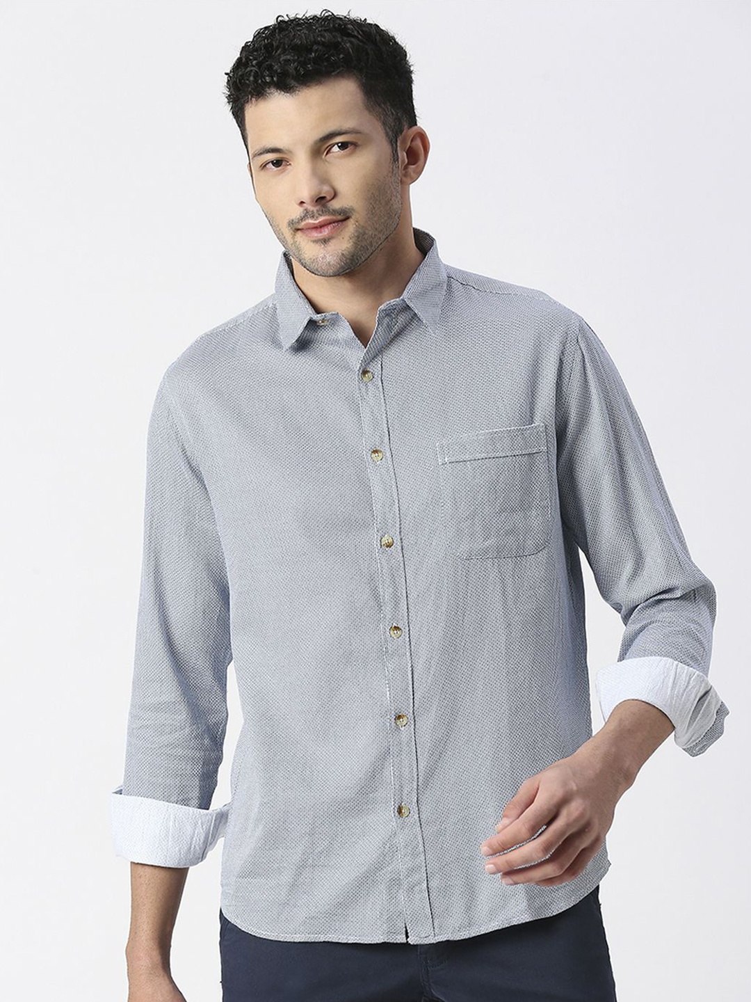 

SNX Men Spread Collar Micro Ditsy Printed Cotton Casual Shirt, Blue