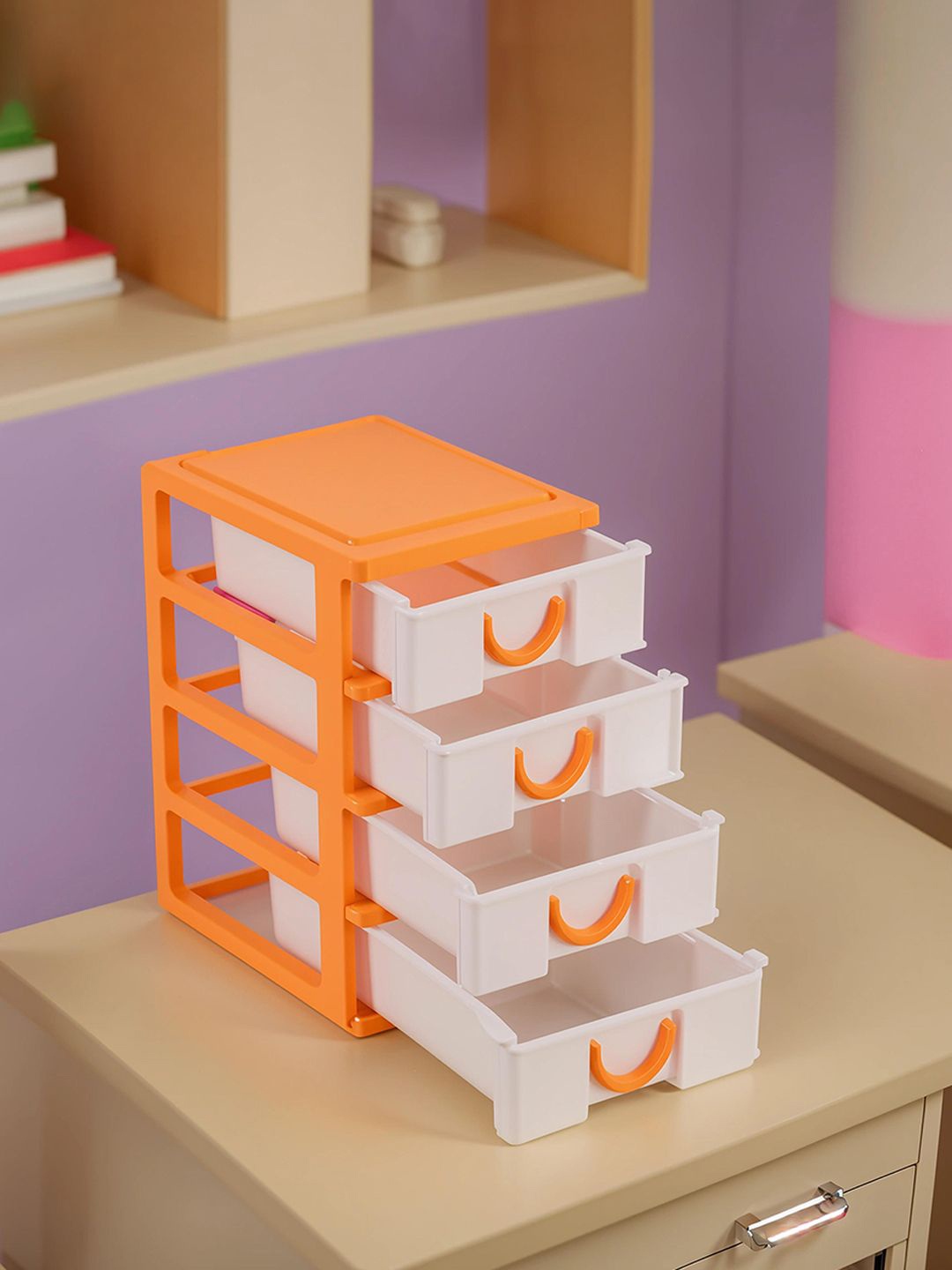 

Kuber Industries White & Orange 2 Pieces Reusable 4-Tier Desk Holder Drawer Organiser