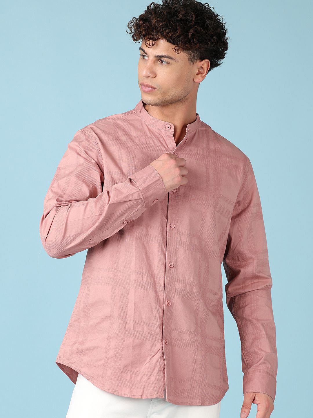 

V-Mart Men Band Collar Textured Cotton Slim Fit Casual Shirt, Mauve