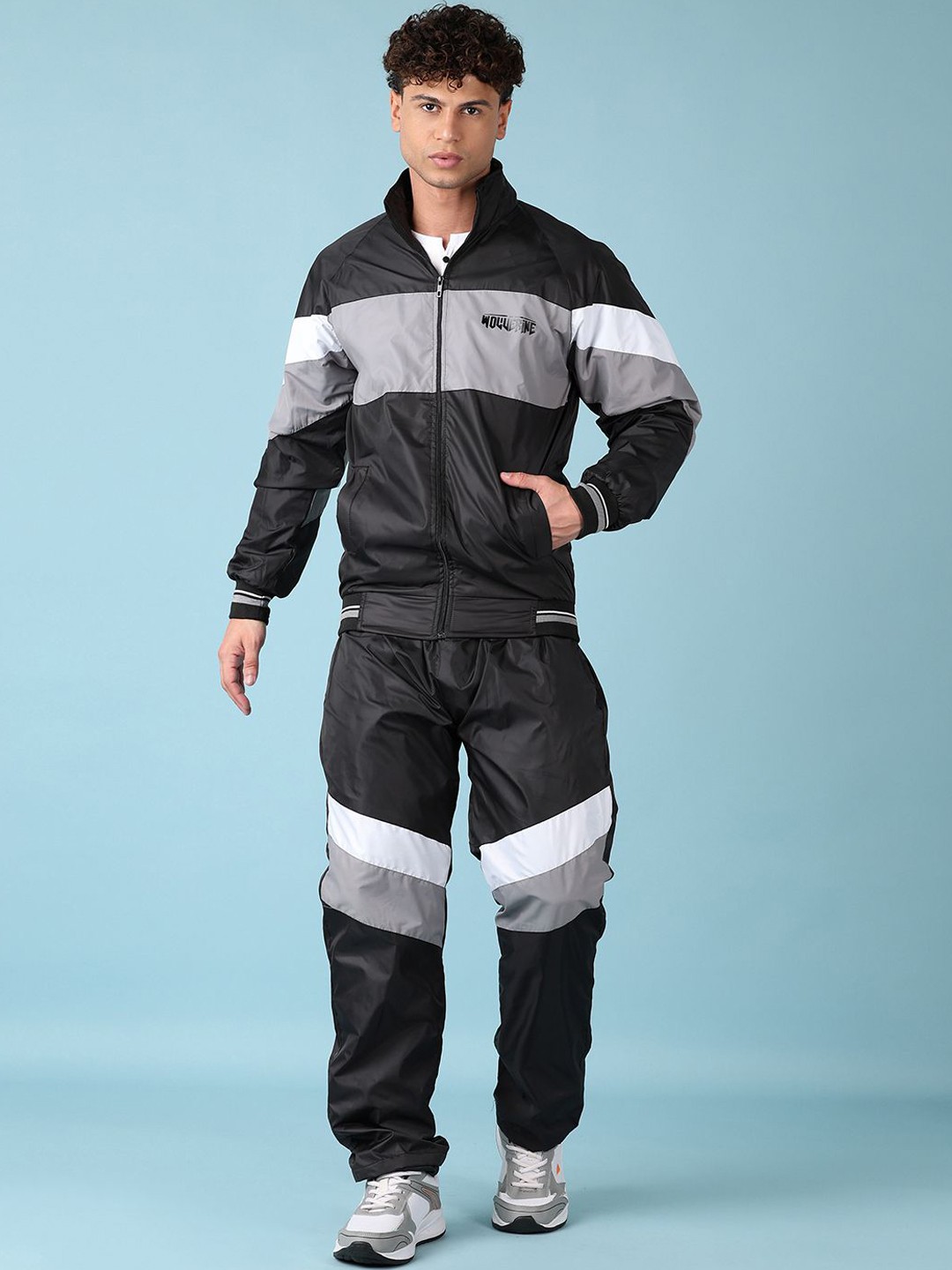 

V-Mart Men Cotton Colourblocked Long Sleeves Mock Collar Tracksuits, Grey
