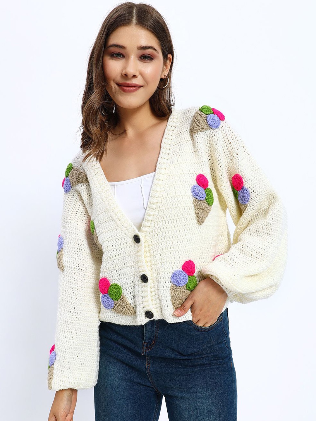 

Sugercandy Women Embroidered Printed Woollen Sweater Vest, Cream