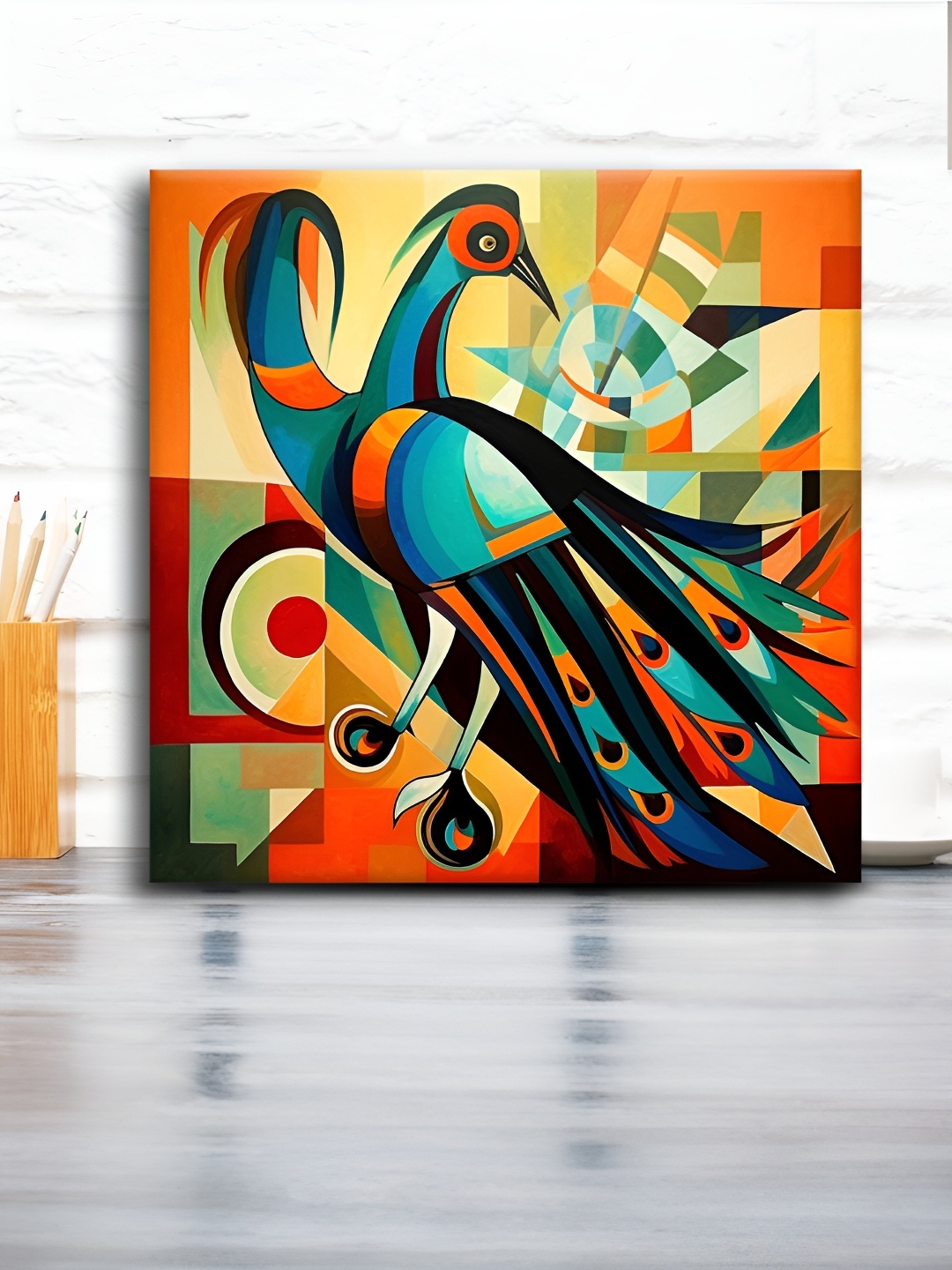 

OLIVE TREE Orange Colored & Green Peacock Canvas Painting Wall Art