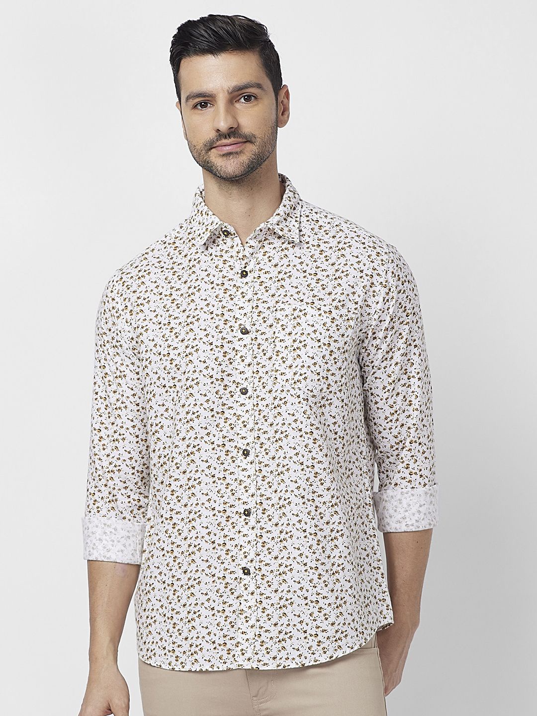 

SNX Men Spread Collar Floral Printed Cotton Casual Shirt, White