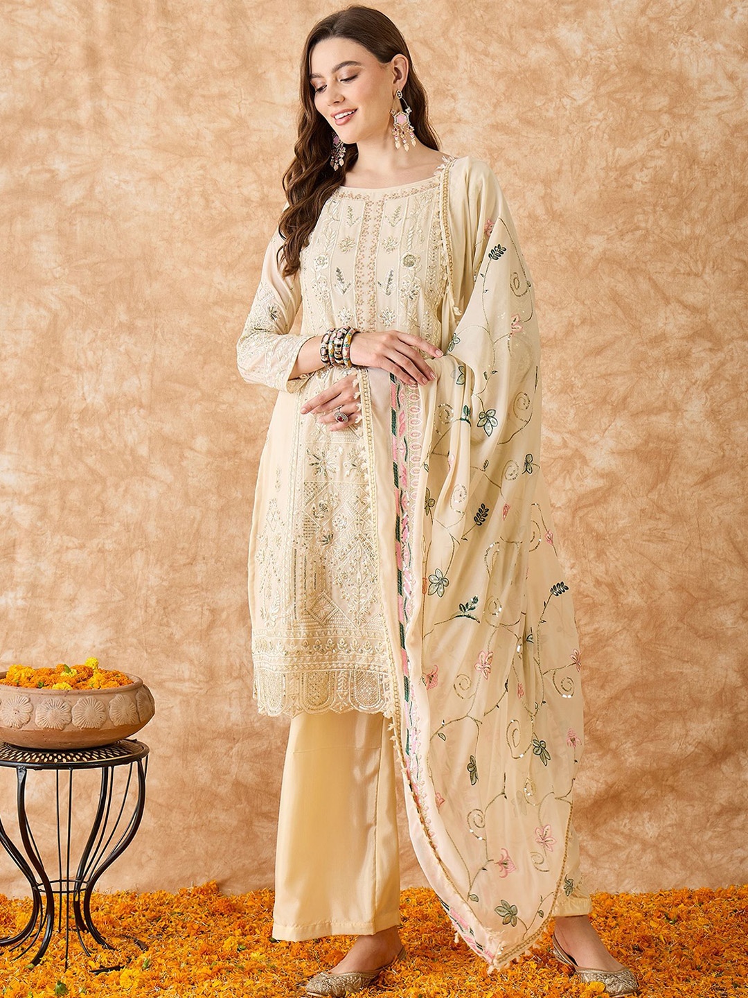 

KALINI Floral Embroidered Sequinned Silk Georgette Semi-Stitched Dress Material, Beige