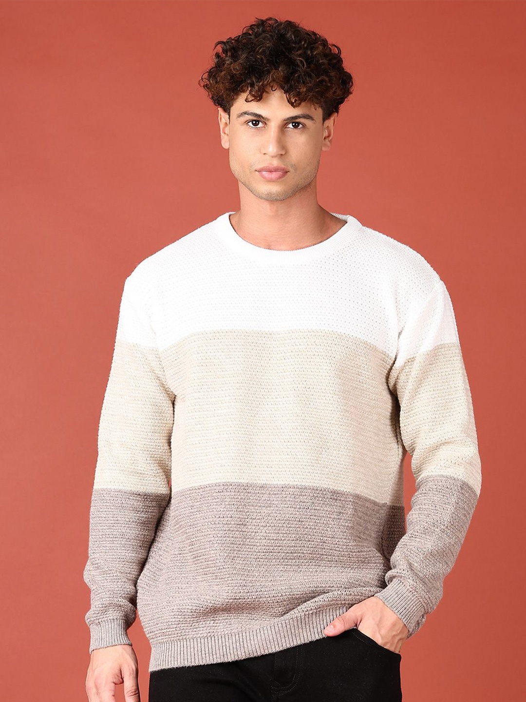 

V-Mart Men Round Neck Colourblocked Cardigan, Beige