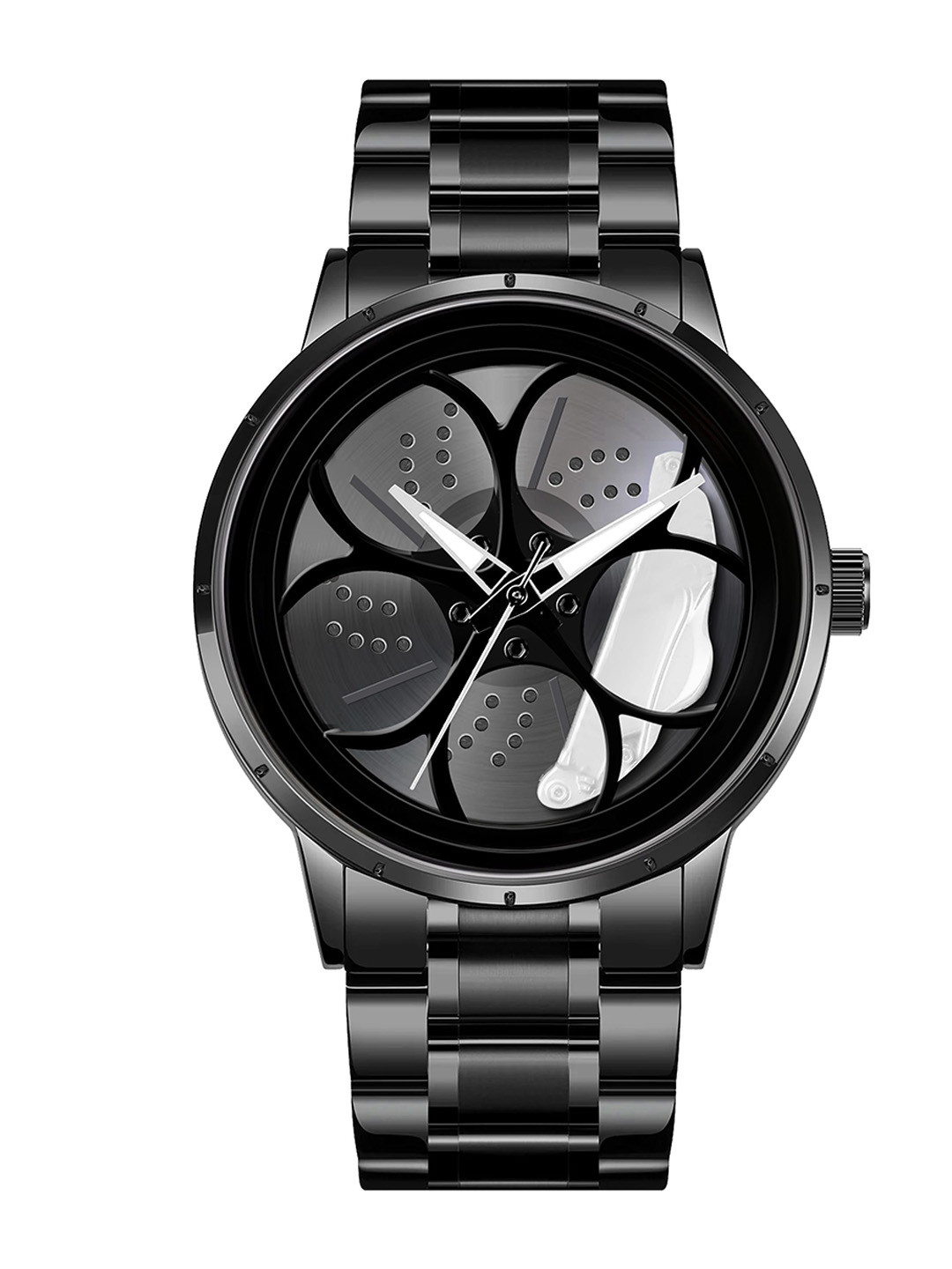 

IIK COLLECTION Men Round Car Wheel Dial With Spinning Car Rim Hub Chain Analogue Watch, Black