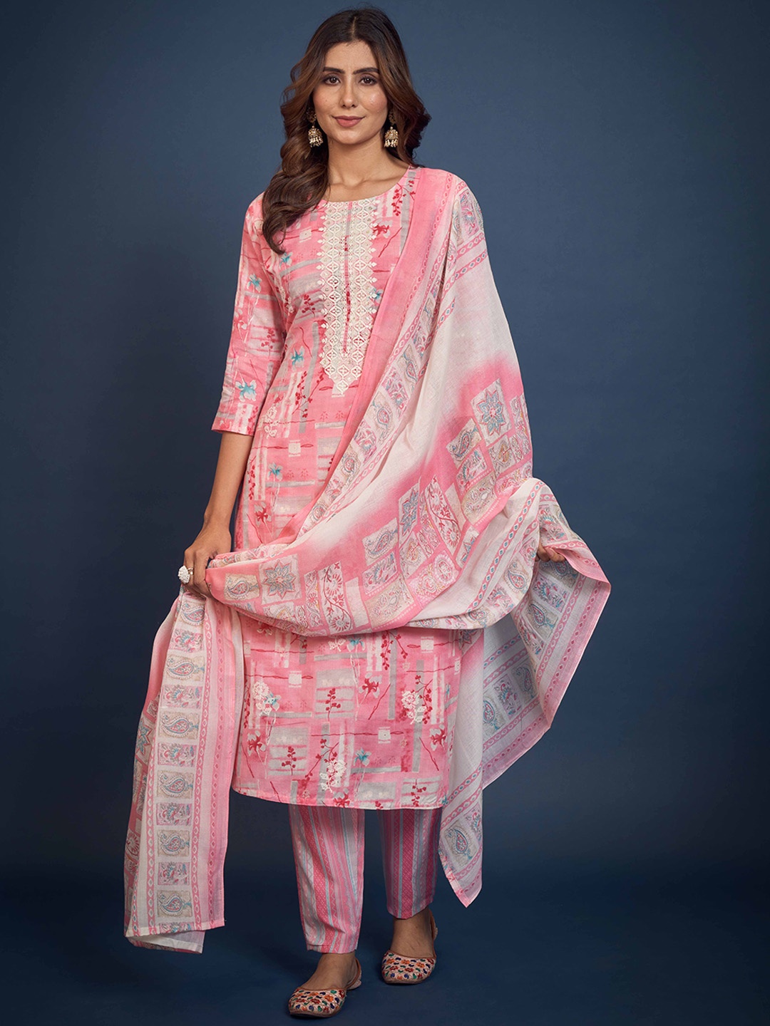

Anouk Pink Floral Printed Round Neck Pure Cotton Straight Kurta With Trousers & Dupatta