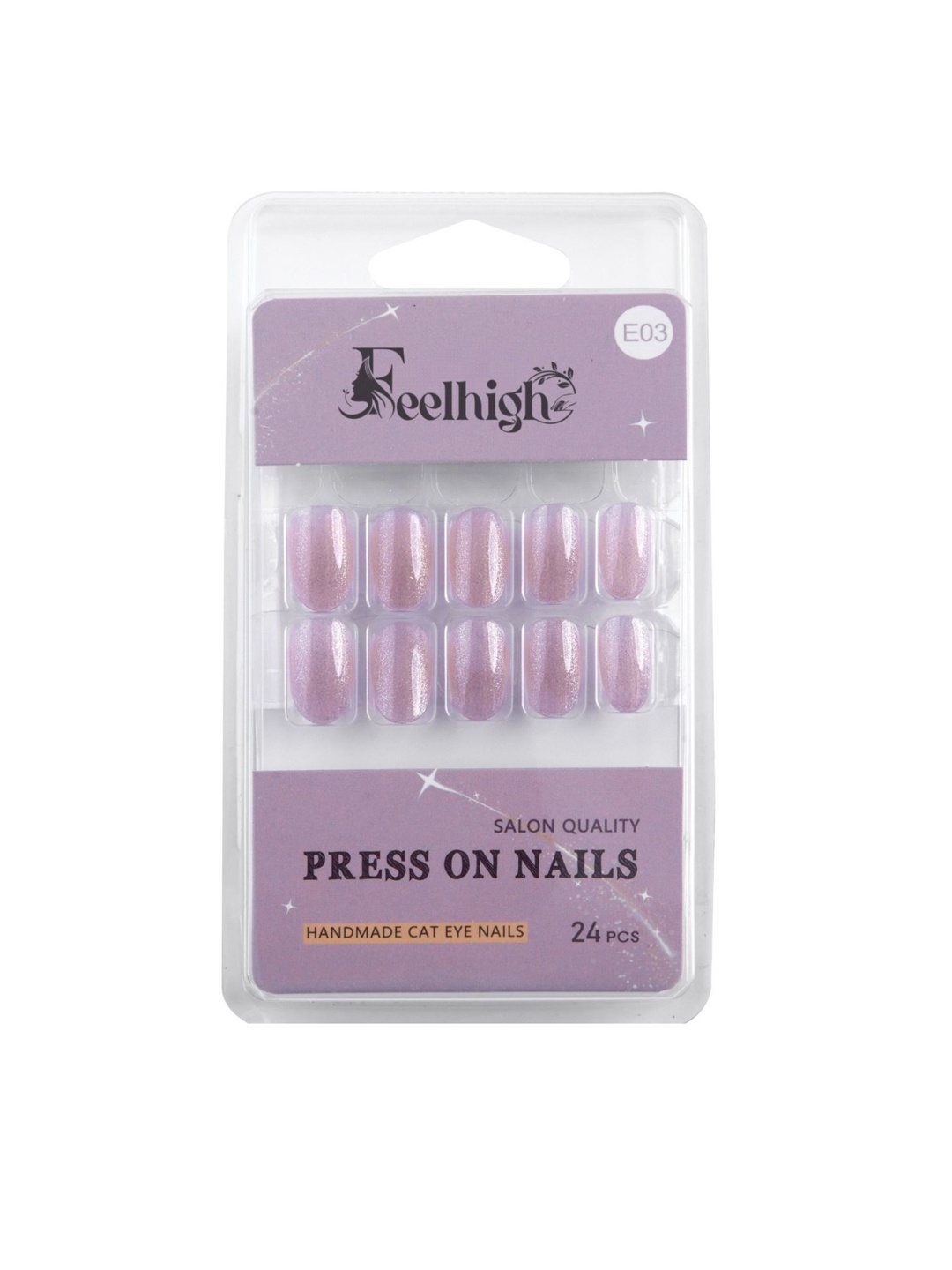 

FEELHIGH Set Of 24 Handmade Press On Cat Eye Salon Quality Reusable Nails - E-03, Lavender