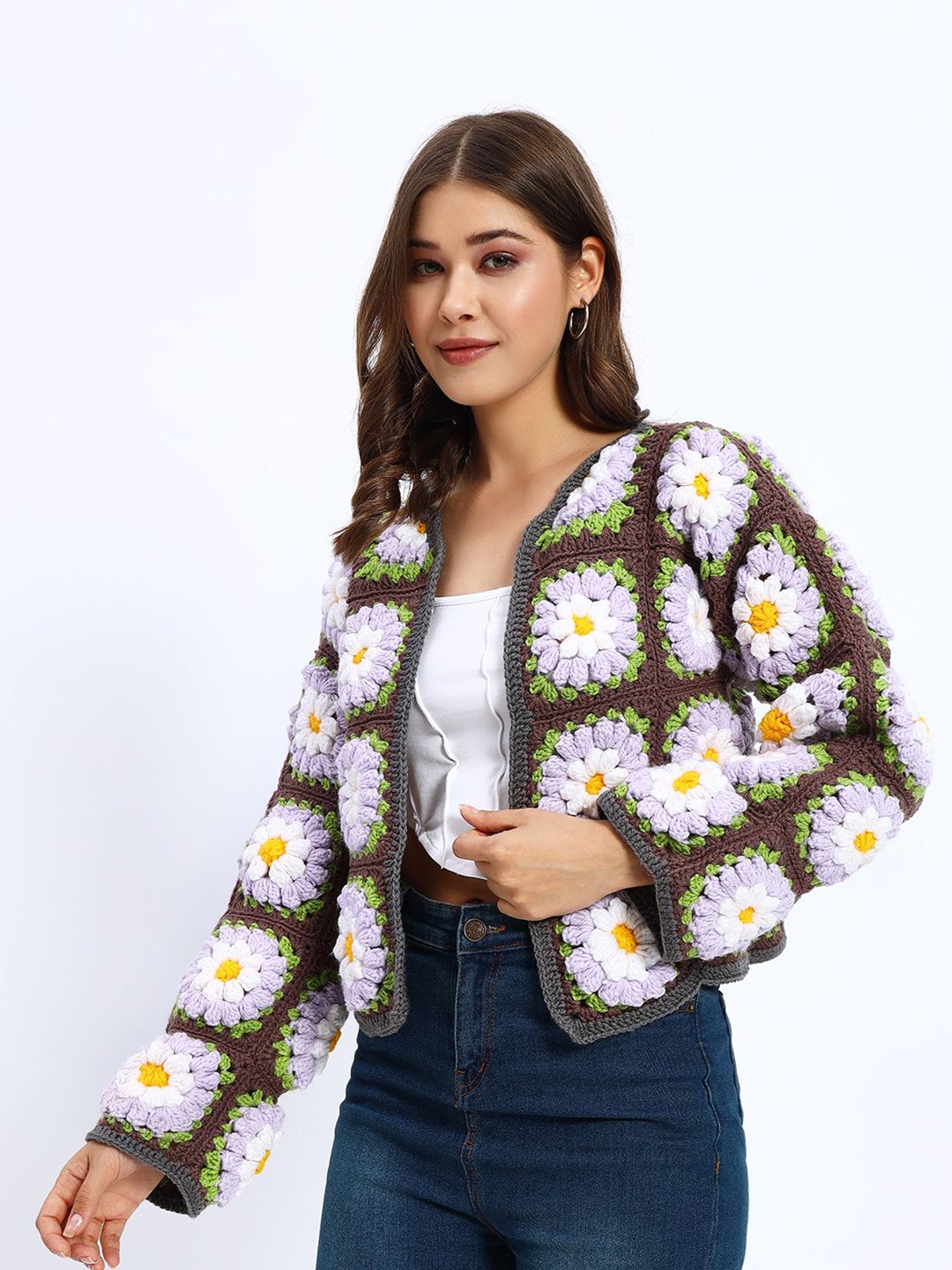 

Sugercandy Women Floral Woollen Crop Cardigan, Brown
