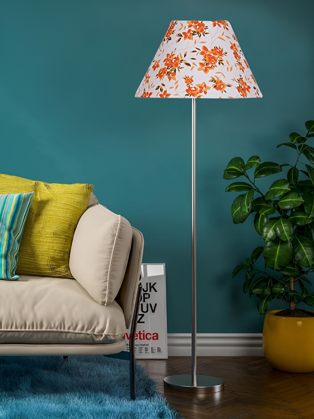 

Devansh White & Orange Coloured Cotton Conical Shade Floral Printed Steel Base Floor Lamp