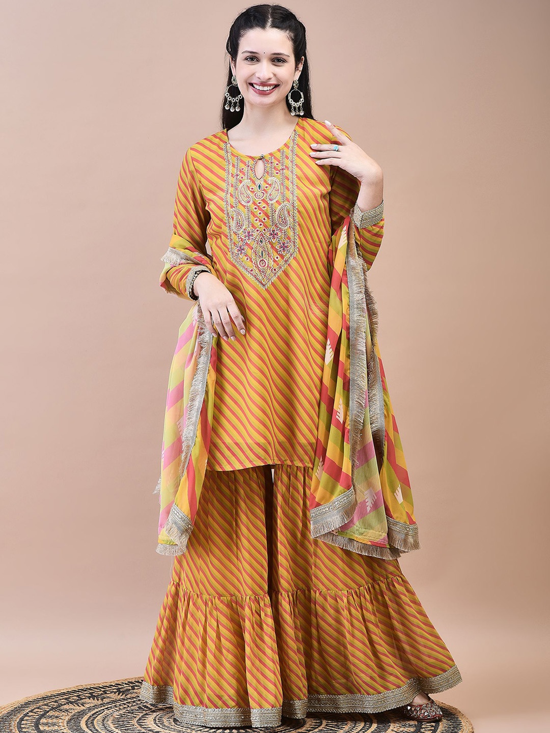 

Shree Leheriya Printed Keyhole Neck Thread Work Georgette Kurta with Sharara & Dupatta, Mustard