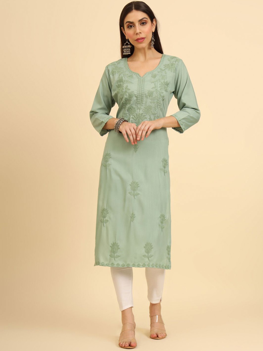

HERE&NOW Olive Green Floral Embroidered Thread Work Cotton Straight Kurta