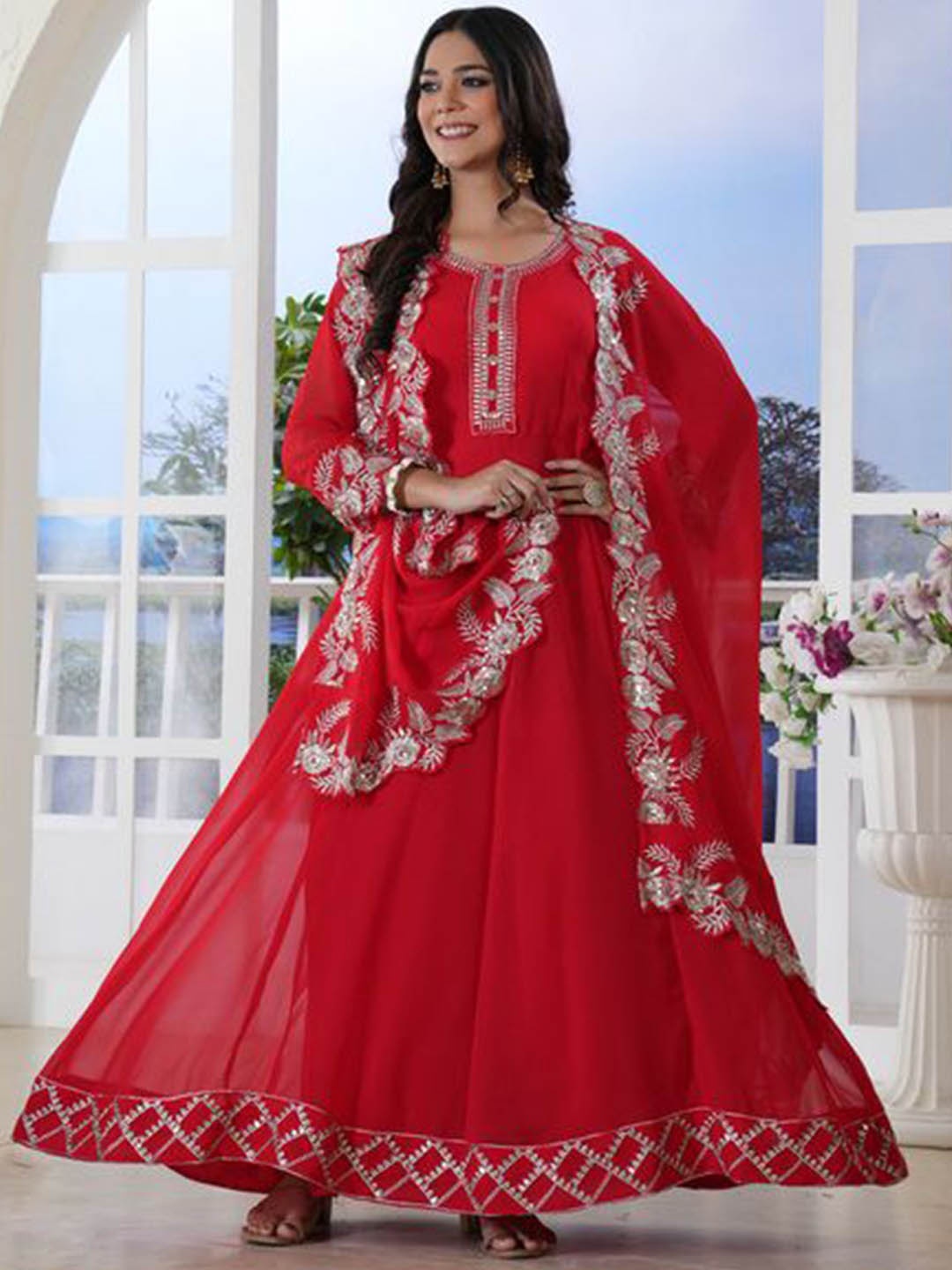 

Stylum Round Neck Embroidered Sequinned Anarkali Kurta with Trouser and Dupatta, Red