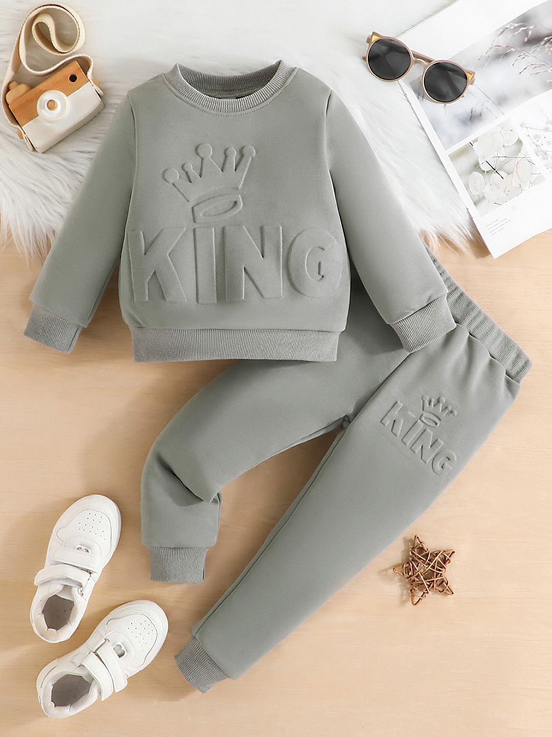

INCLUD Boys Self Design Round Neck Long Sleeves Casual Sweatshirt With Joggers, Grey