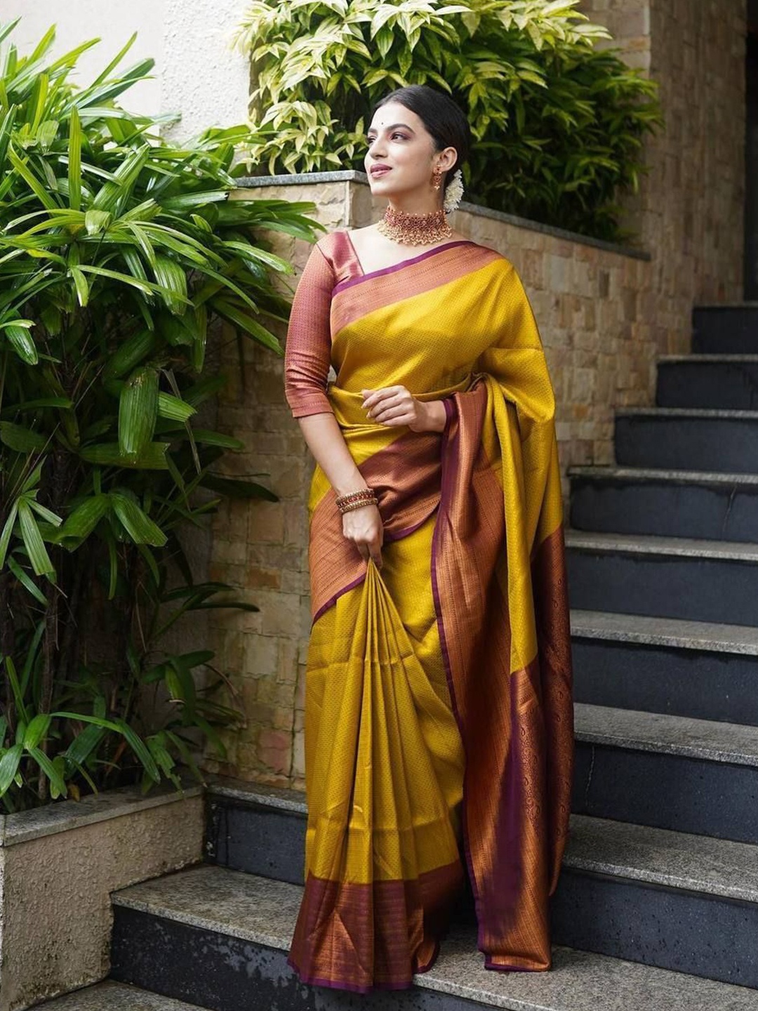 

KALINI Woven Design Zari Pure Silk Kanjeevaram Saree, Yellow
