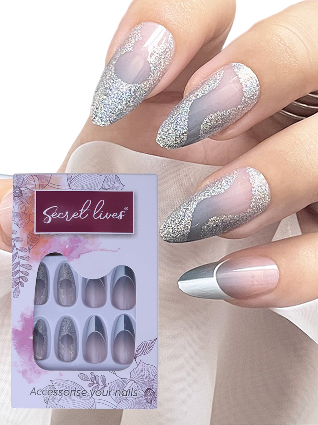 

Secret Lives 24 Pcs Glossy Bottom with Glitter Fake Nails - Grey