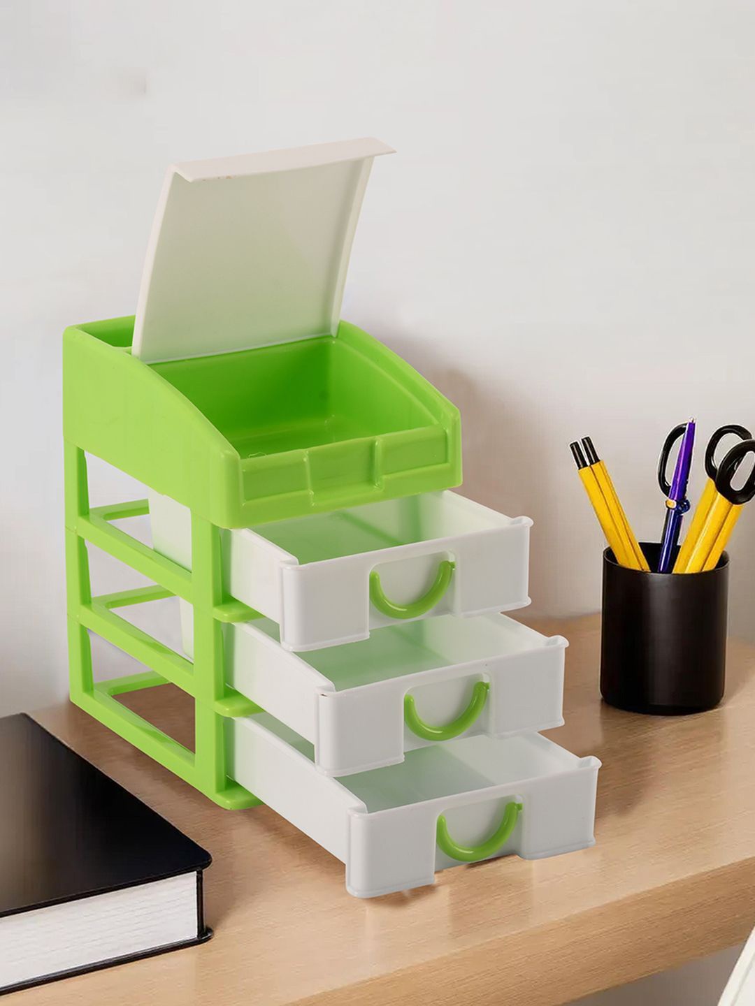 

Kuber Industries Green & White Reusable 4-Tier Stationary Organiser