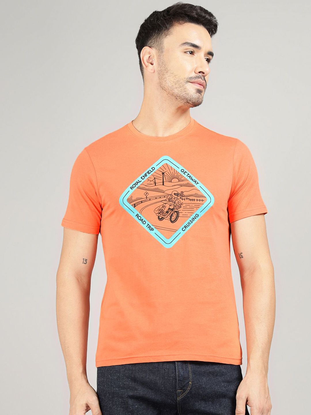 

Royal Enfield Men Graphic Printed Round Neck Cotton T-shirt, Orange