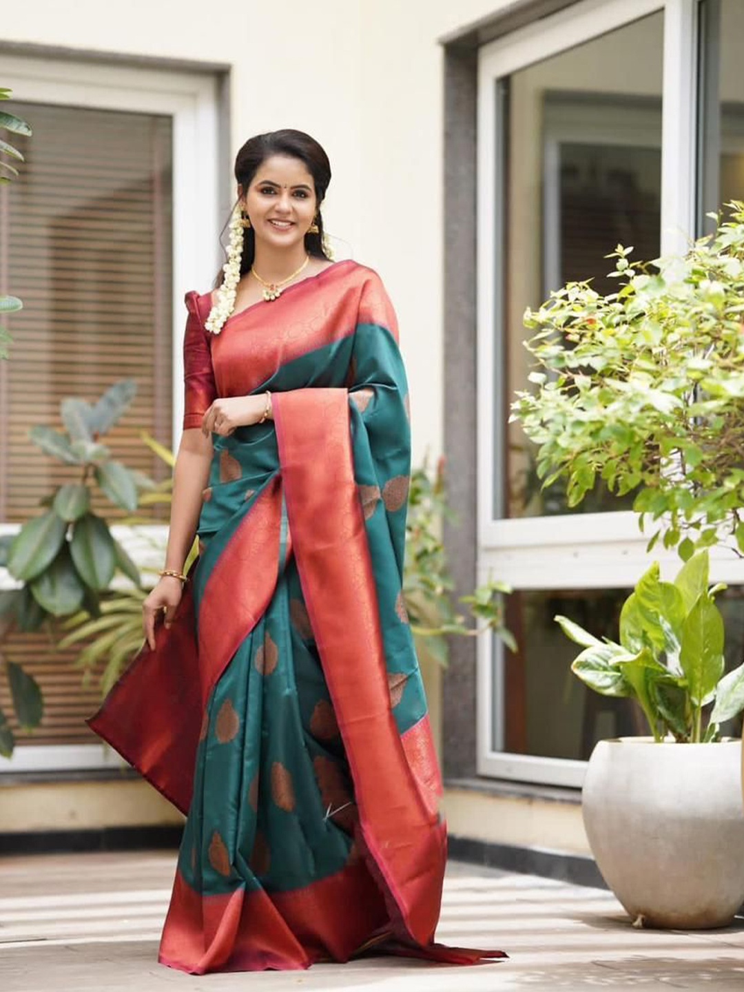 

KALINI Woven Design Zari Pure Silk Kanjeevaram Saree, Teal