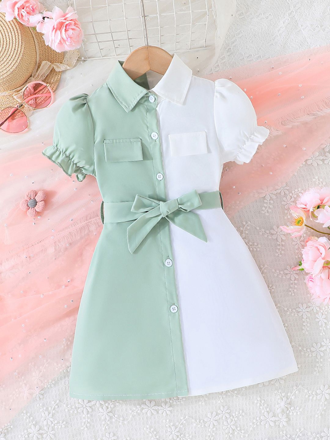 

INCLUD Colourblocked Puff Sleeve Shirt Dress, Green