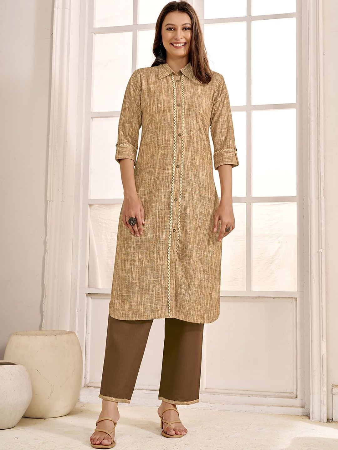 

Anouk Woven Design Pure Cotton Top with Palazzo, Beige