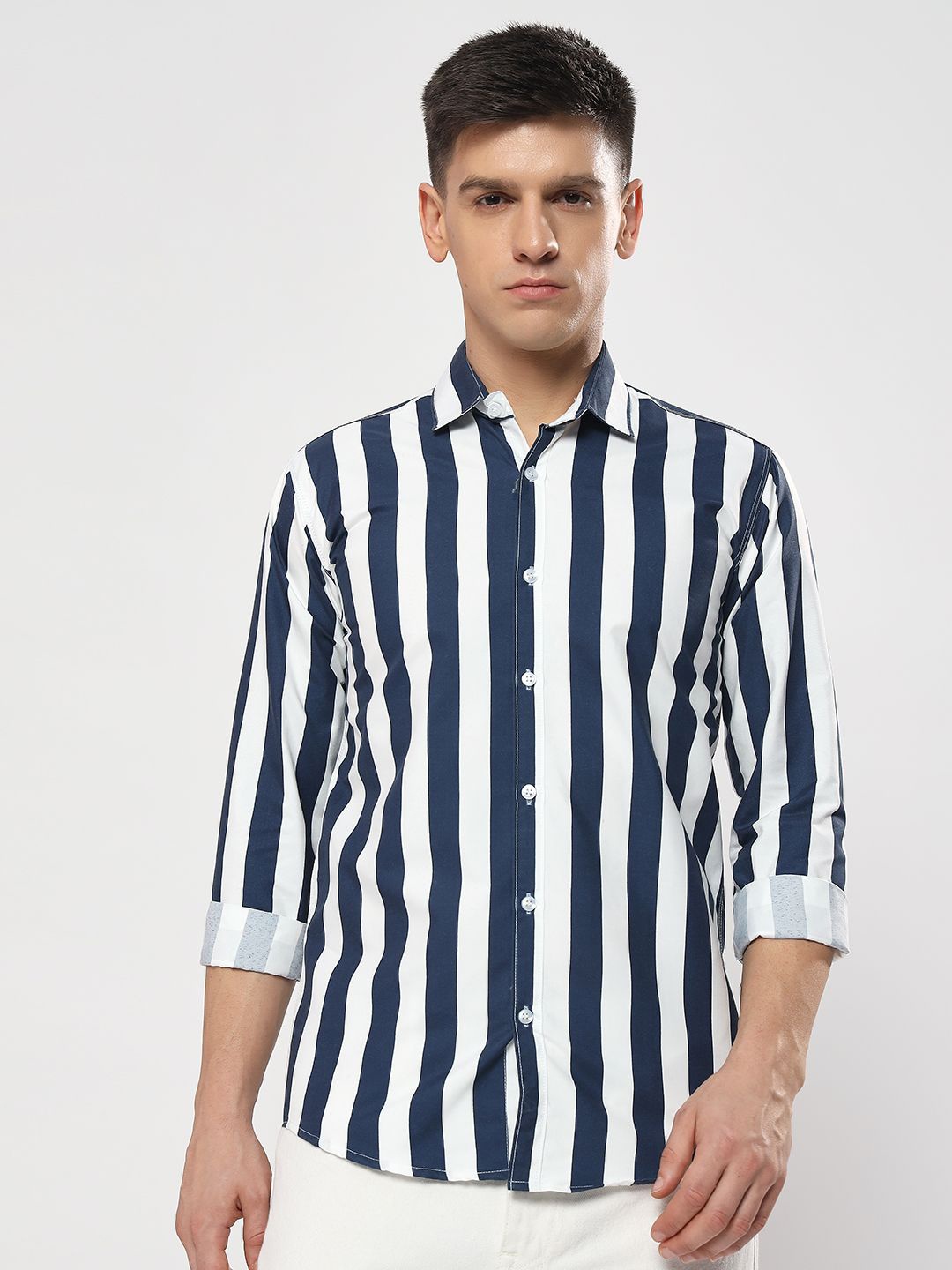 

YOUTH FIRST Men Premium Spread Collar Vertical Striped Casual Shirt, Navy blue