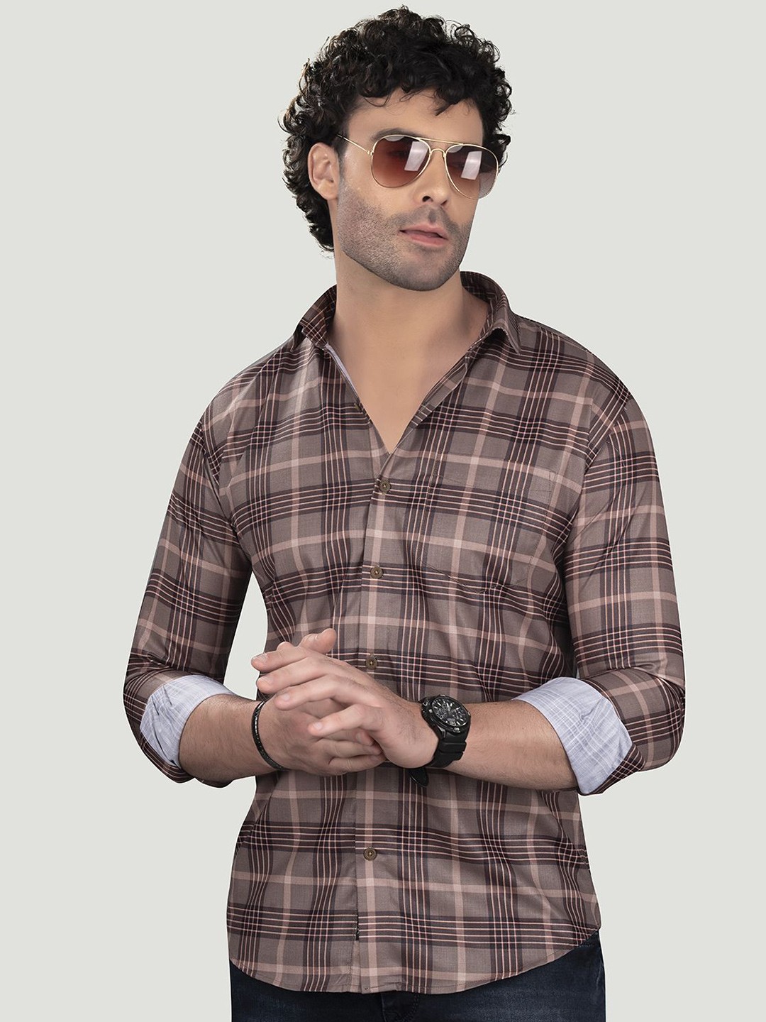 

ALMATY Men Comfort Spread Collar Checked Cotton Slim Fit Casual Shirt, Brown