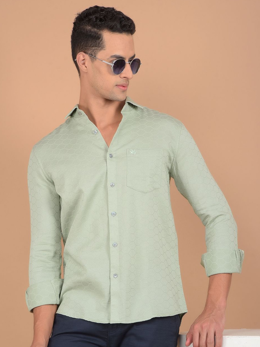 

Crimsoune Club Men Spread Collar Geometric Printed Cotton Slim Fit Casual Shirt, Green