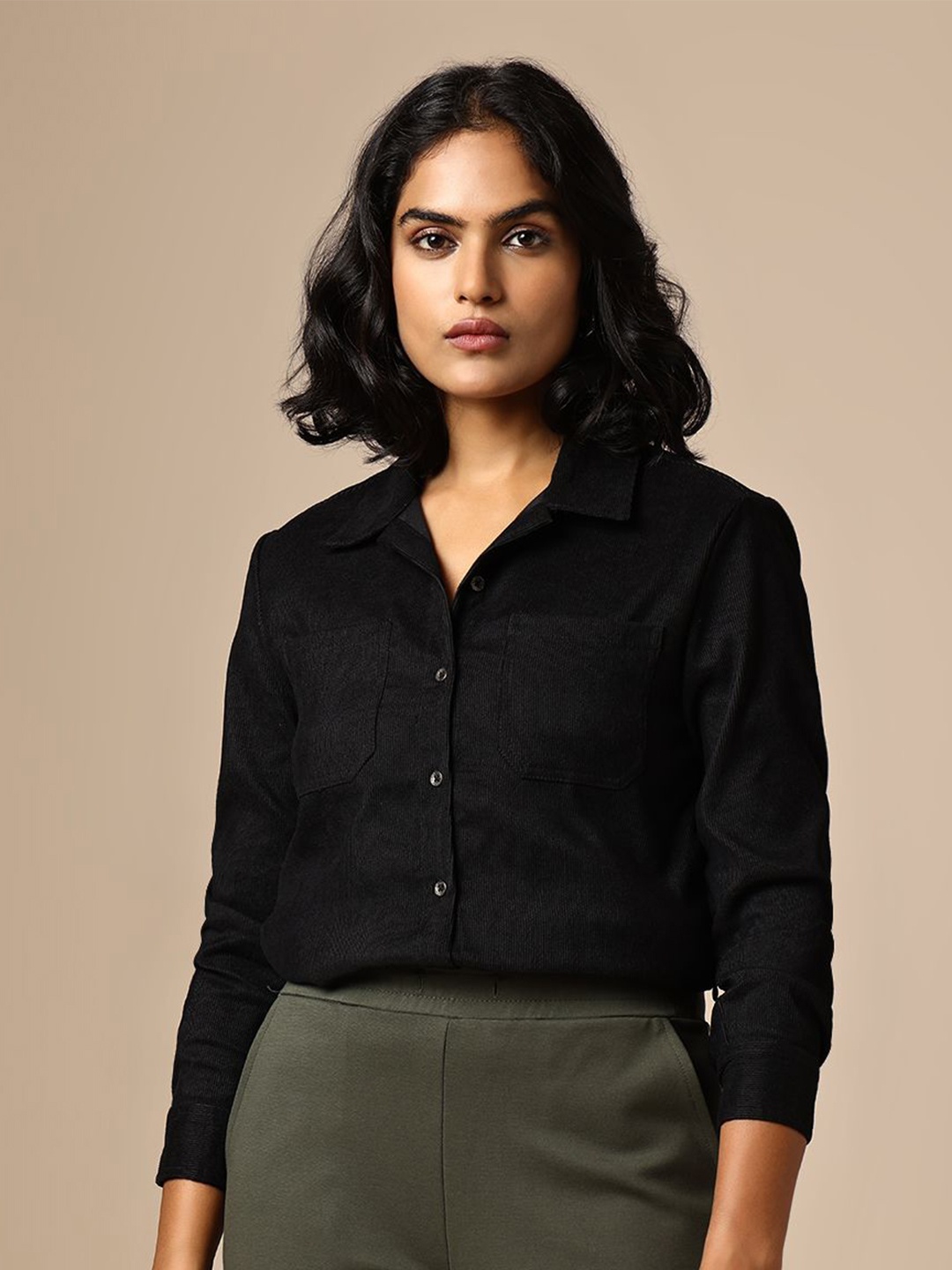 

Chemistry Women Spread Collar Textured Casual Shirt, Black