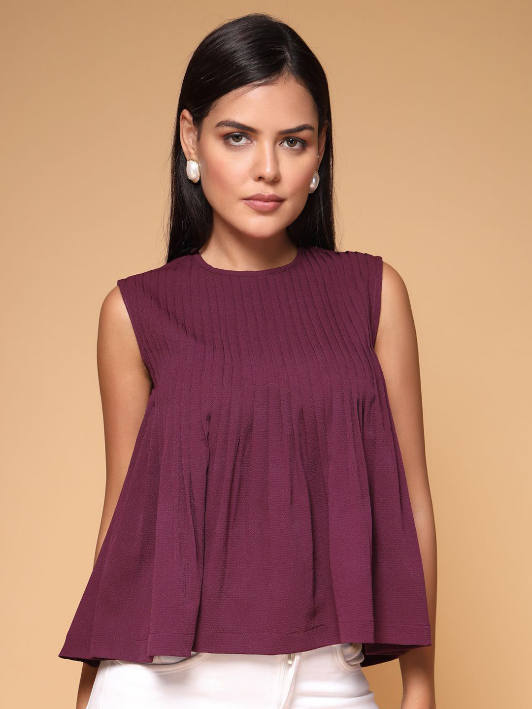 

KATLINE Women Striped Crepe Top, Maroon