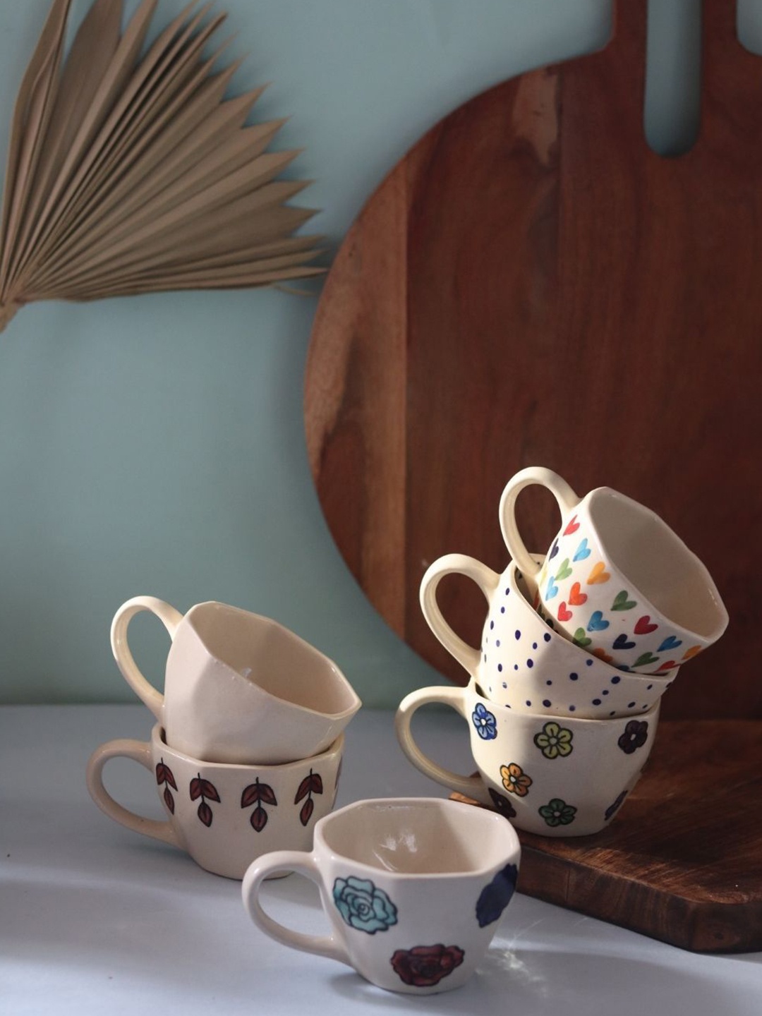 

WEAVING HOMES White & Blue 6 Pieces Printed Ceramic Glossy Cups 220ml