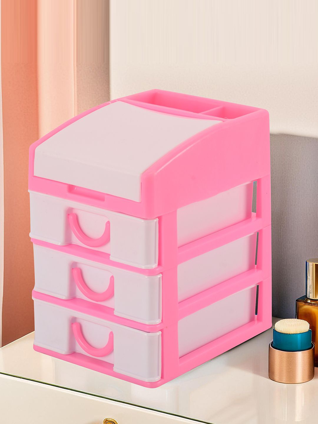 

Kuber Industries Pink & White Reusable 4-Layer Drawer Organiser