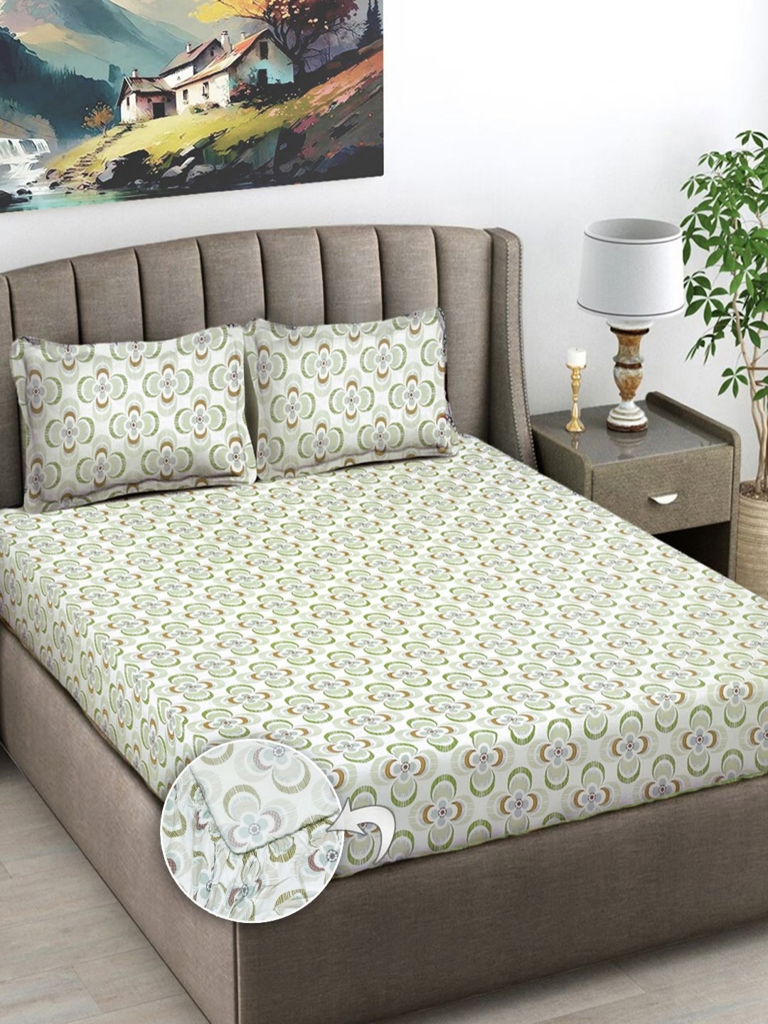

FABINALIV Green Floral Print 300 TC Fitted King Bedsheet & 2 Pillow Covers
