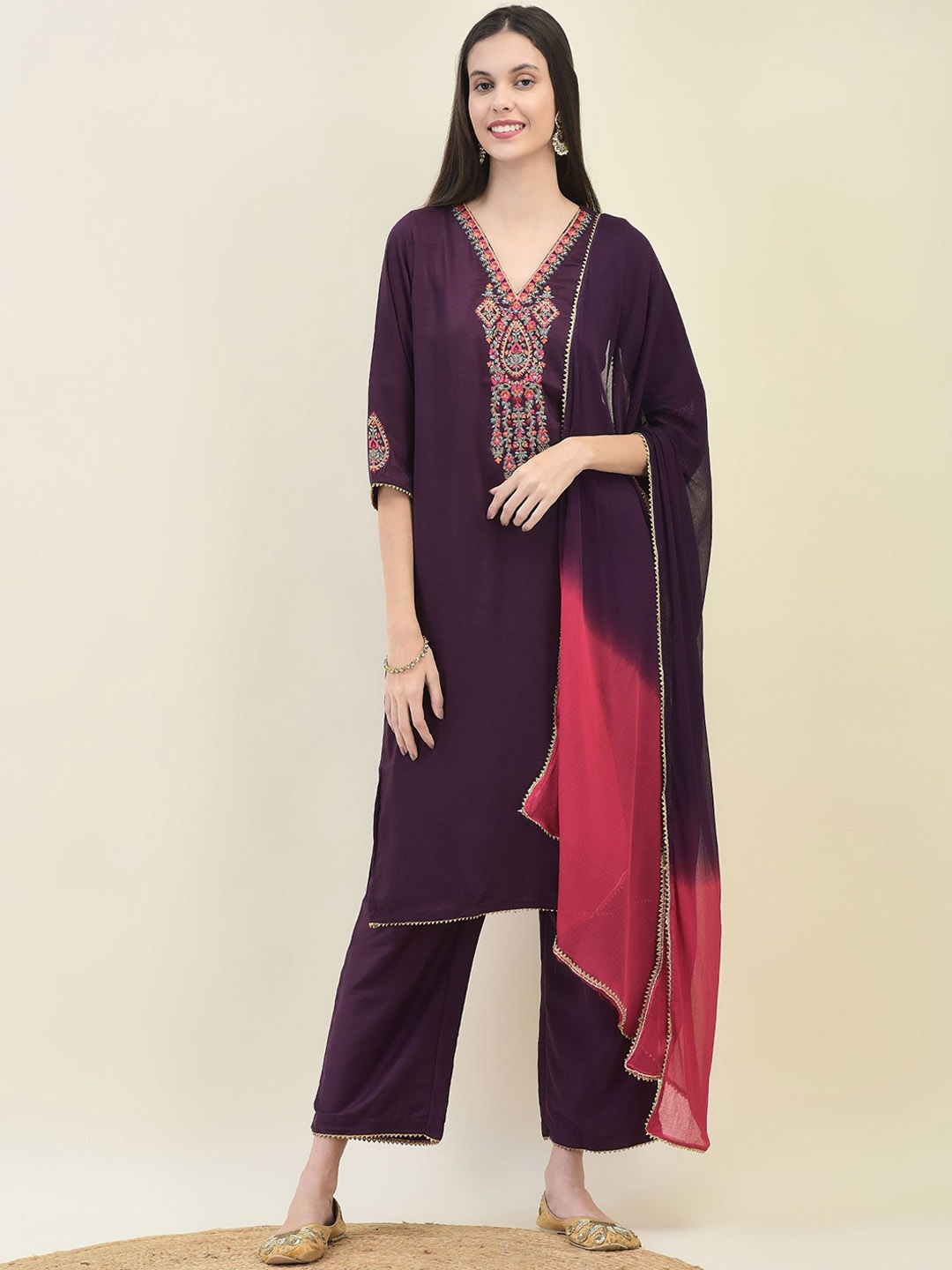 

Shree Floral Embroidered V-Neck Regular Liva Kurta With Trouser With Dupatta, Purple