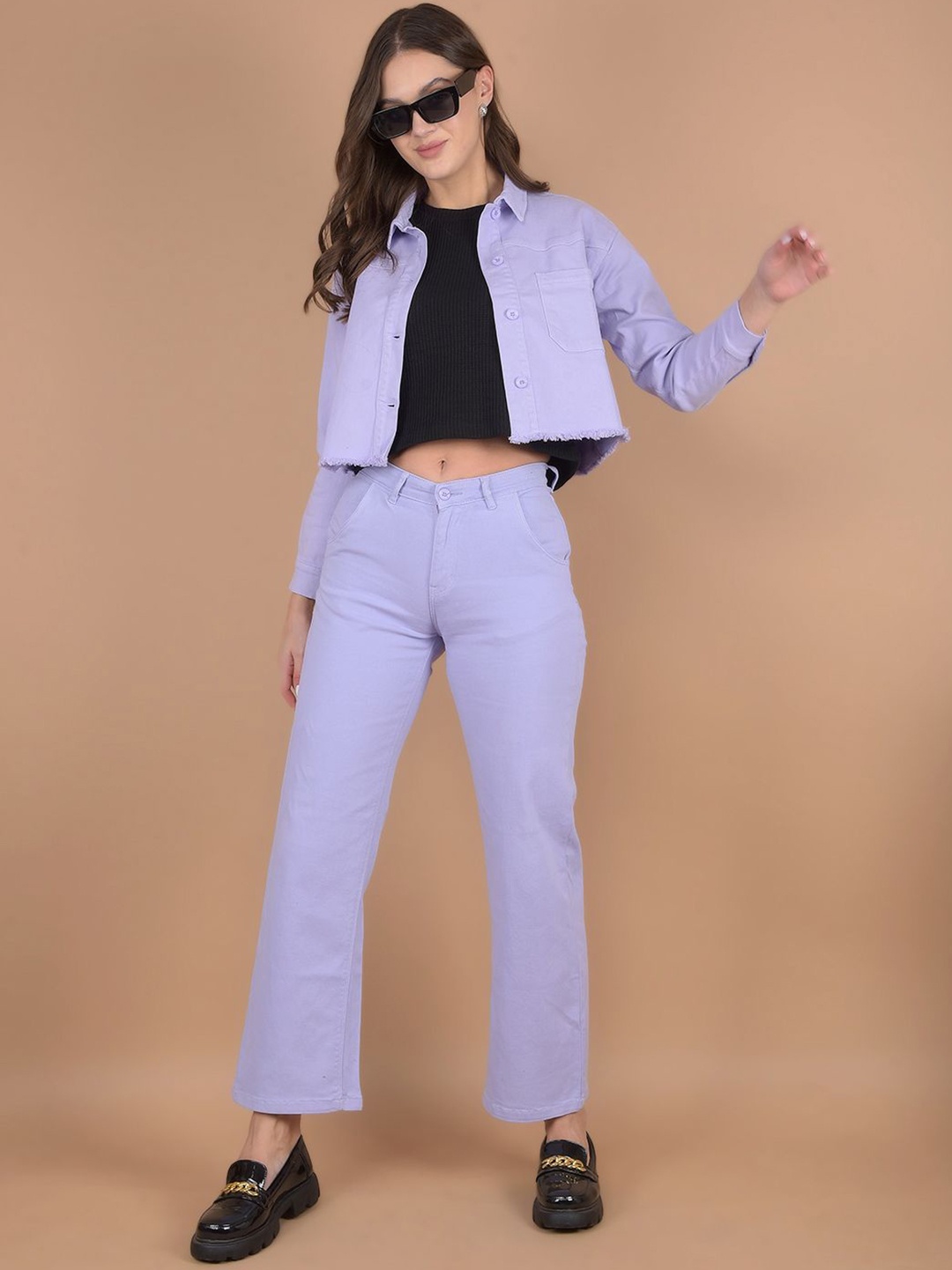 

Crimsoune Club Long Sleeves Cropped Shirt With Trousers Co-Ords, Purple