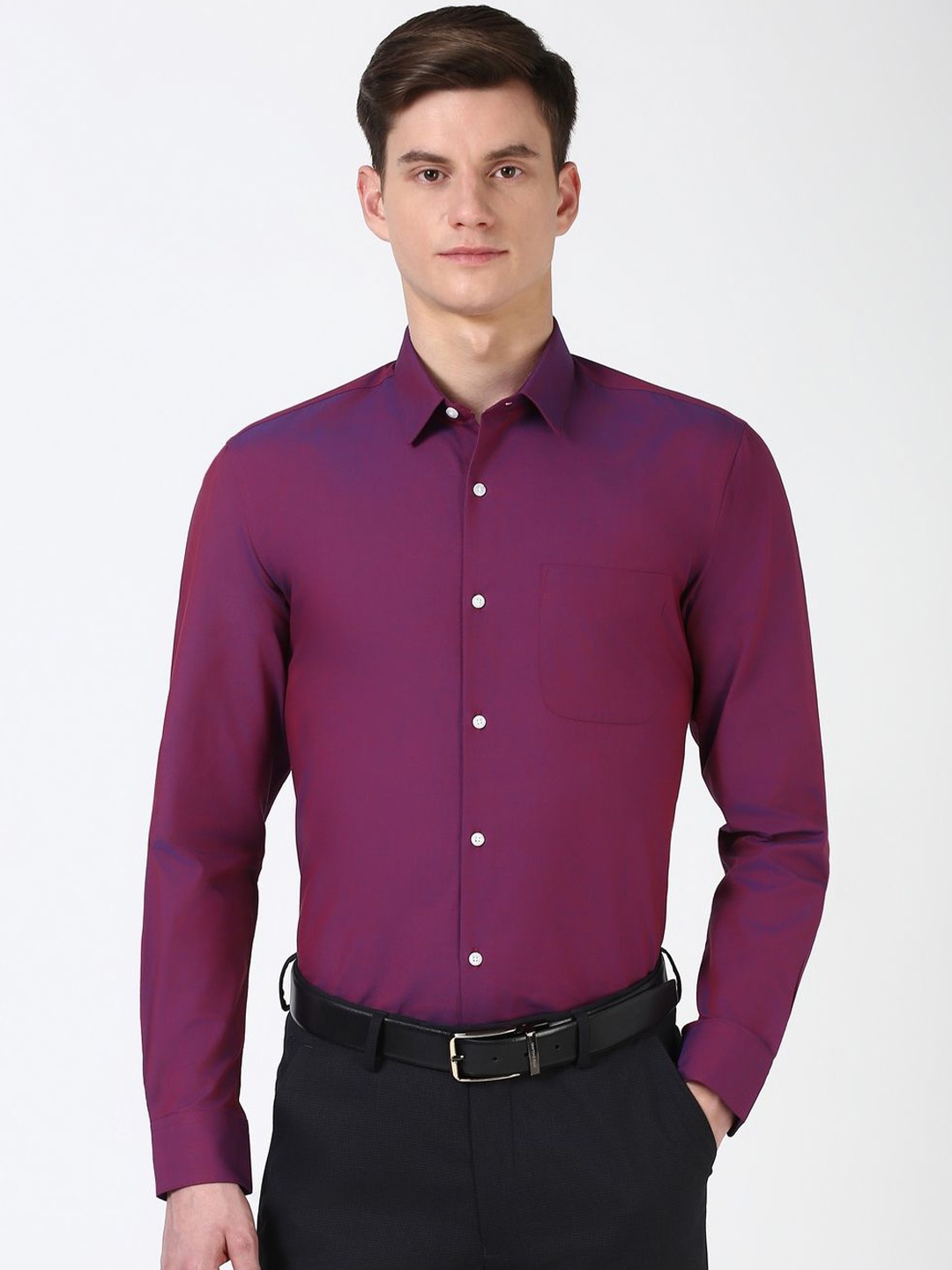 

Peter England Men Spread Collar Solid Cotton Casual Shirt, Purple