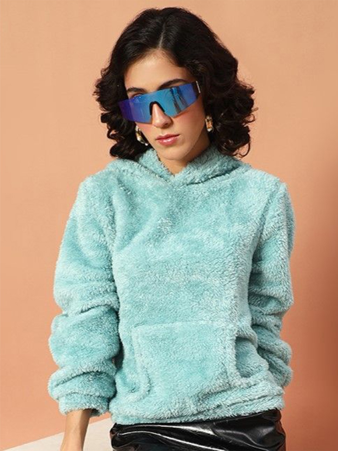 

The Dry State Women Solid Hooded Sweatshirt, Turquoise blue
