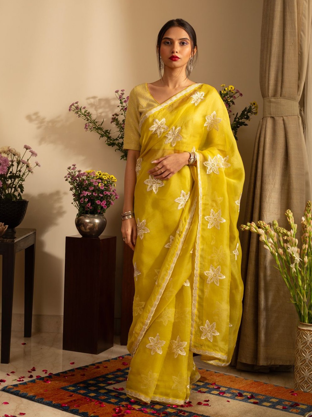 

HOUSE OF INARI Embroidered Beads and Stones Organza Saree, Yellow