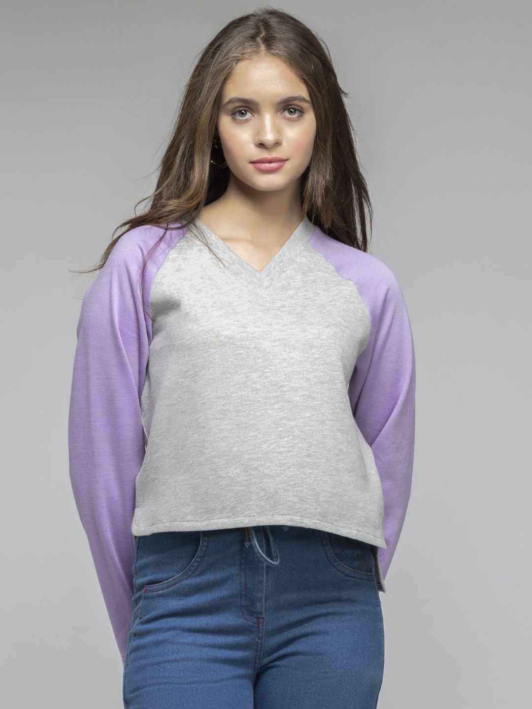 

SHAYE Women V-Neck Colourblocked Sweatshirt, Grey